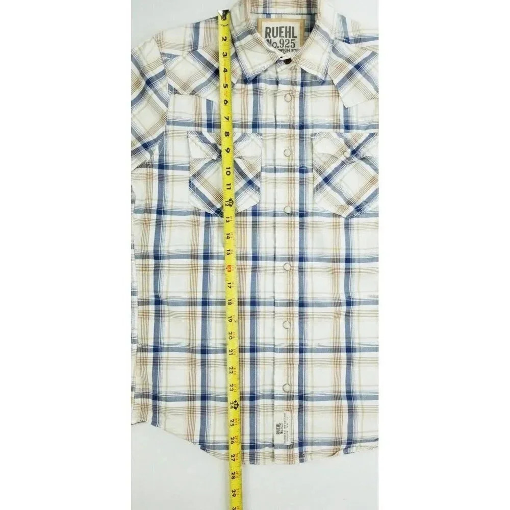 Ruehl No. 925 Size Medium Men's Vanilla Tan Gray Plaid Western Pearl Snap Shirt - Picture 9 of 10